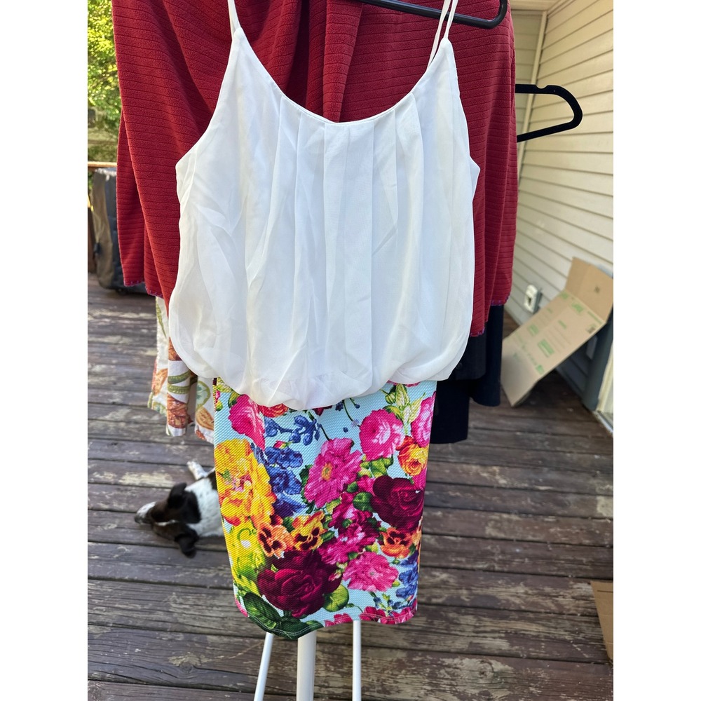 Deb Womens Floral Mini Dress White Chiffon Top Blue Pink Flower Skirt Small